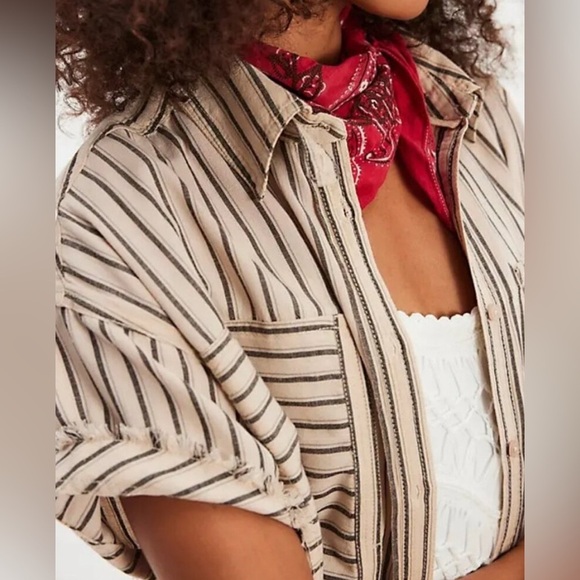 #2 NWT Free People Christopher Linen Shirt in Ivory Combo - Picture 2 of 6